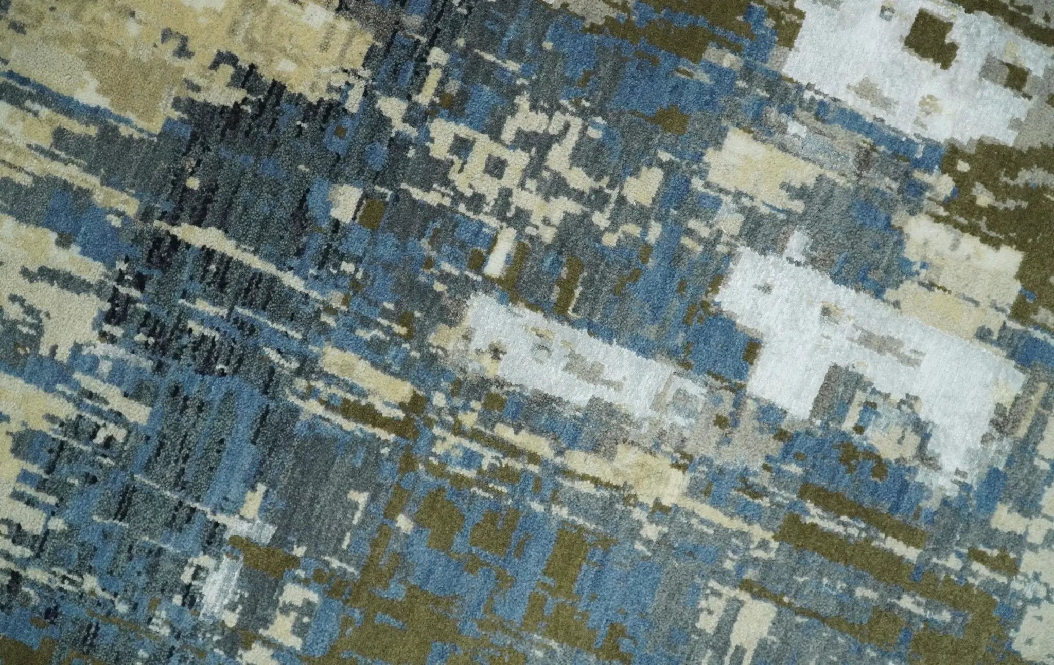 9x12 Fine Hand Knotted Beige and Blue Modern Abstract Wool and Silk Area Rug by The Rug Decor