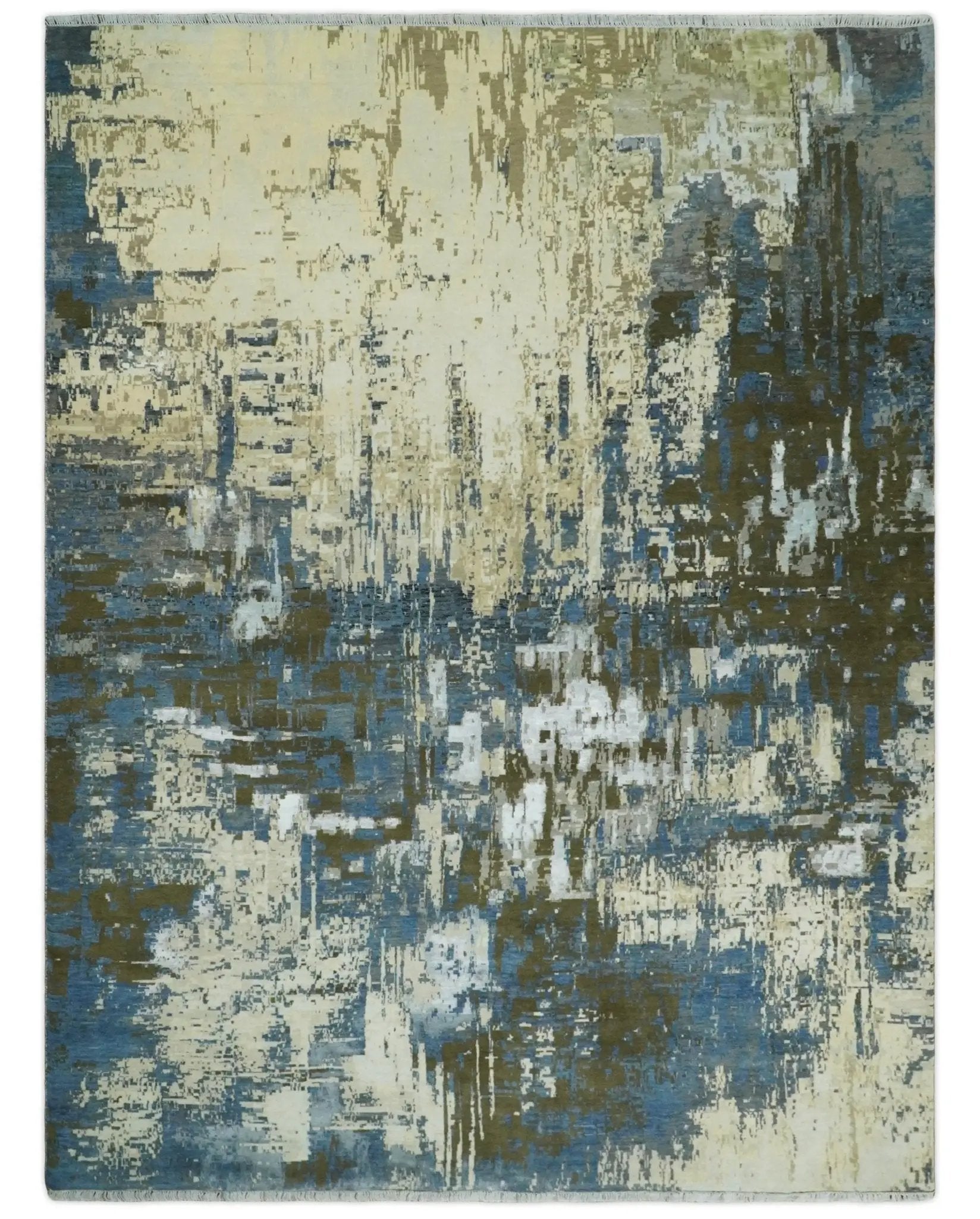 9x12 Fine Hand Knotted Beige and Blue Modern Abstract Wool and Silk Area Rug by The Rug Decor