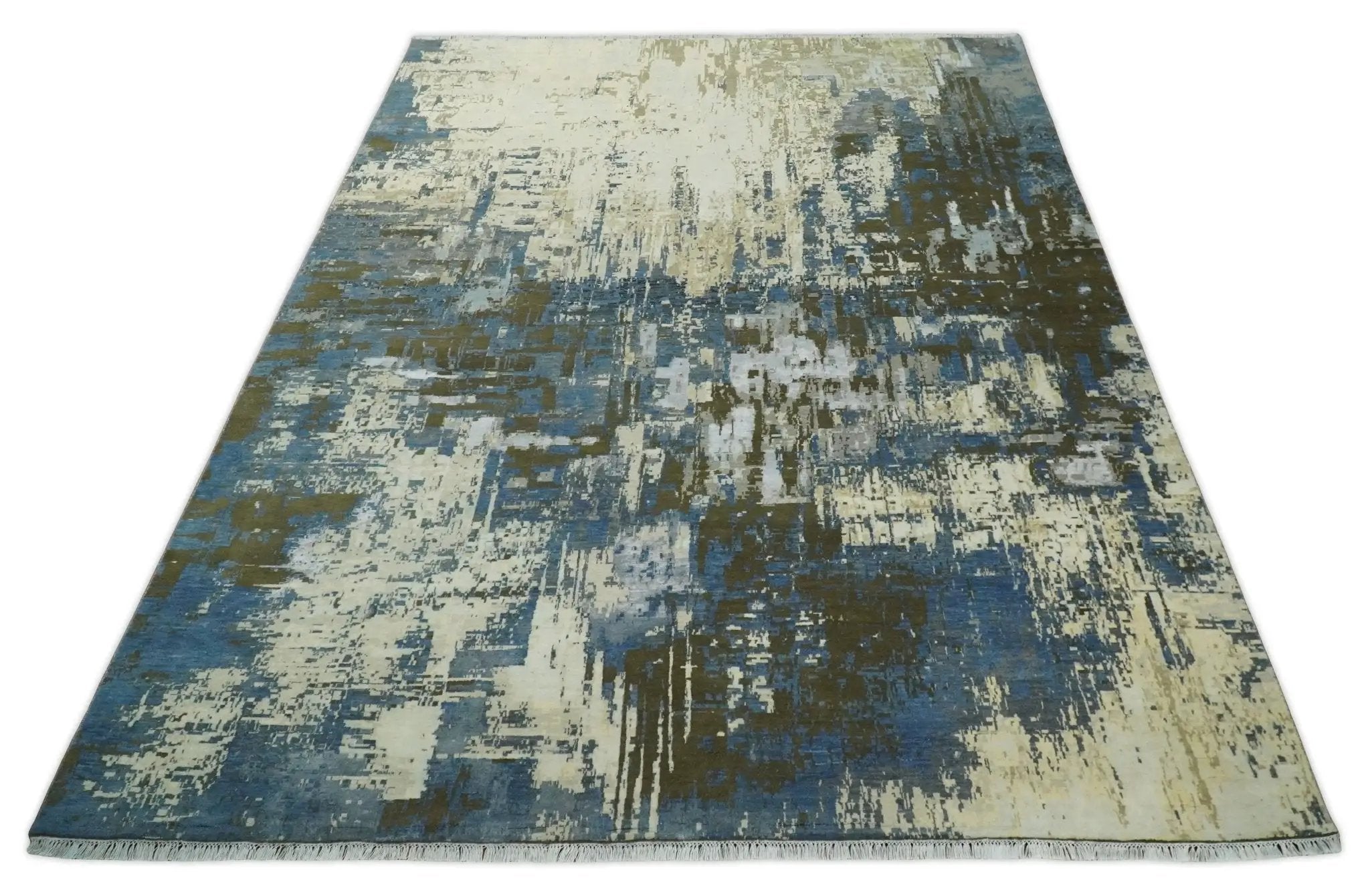 9x12 Fine Hand Knotted Beige and Blue Modern Abstract Wool and Silk Area Rug by The Rug Decor
