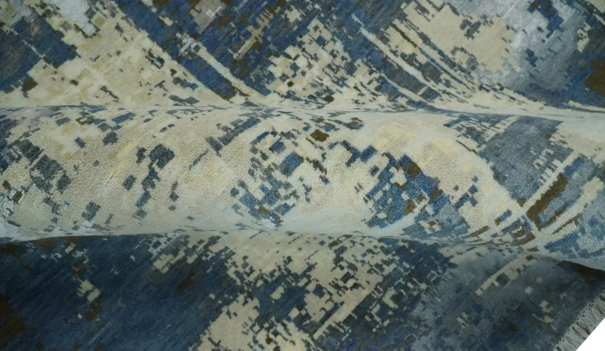 9x12 Fine Hand Knotted Beige and Blue Modern Abstract Wool and Silk Area Rug by The Rug Decor