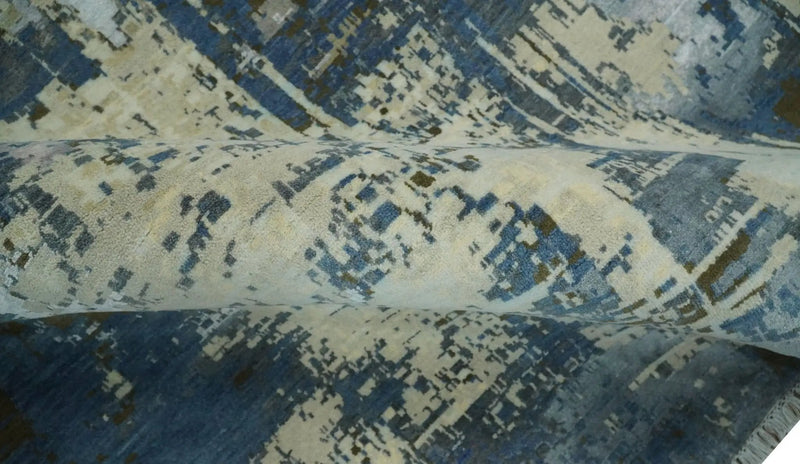 9x12 Fine Hand Knotted Beige and Blue Modern Abstract Wool and Silk Area Rug by The Rug Decor