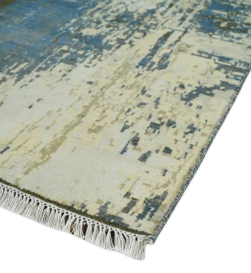 9x12 Fine Hand Knotted Beige and Blue Modern Abstract Wool and Silk Area Rug by The Rug Decor