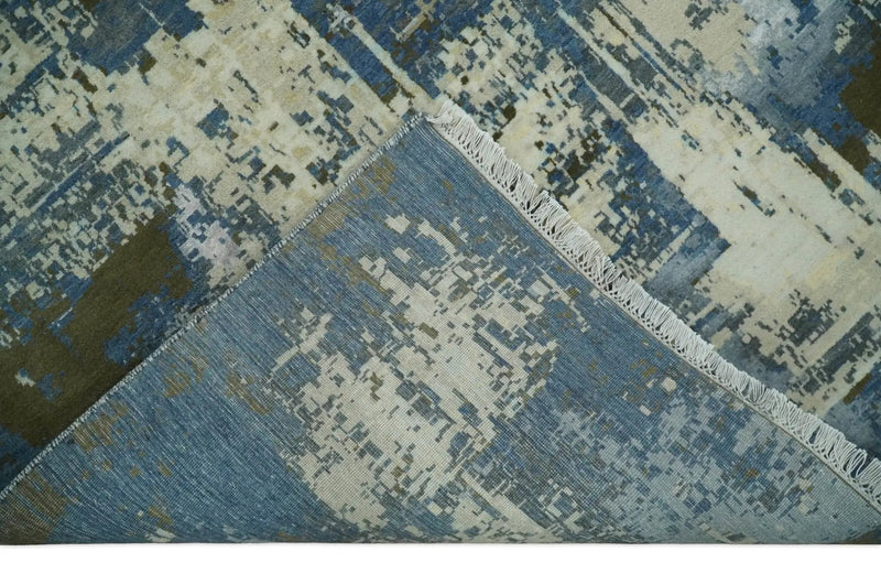 9x12 Fine Hand Knotted Beige and Blue Modern Abstract Wool and Silk Area Rug by The Rug Decor