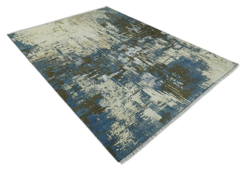 9x12 Fine Hand Knotted Beige and Blue Modern Abstract Wool and Silk Area Rug by The Rug Decor