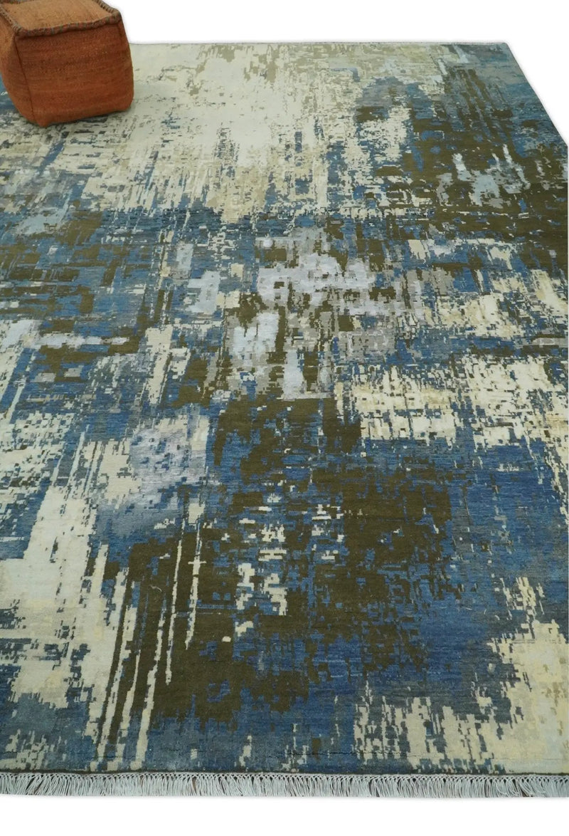 9x12 Fine Hand Knotted Beige and Blue Modern Abstract Wool and Silk Area Rug by The Rug Decor
