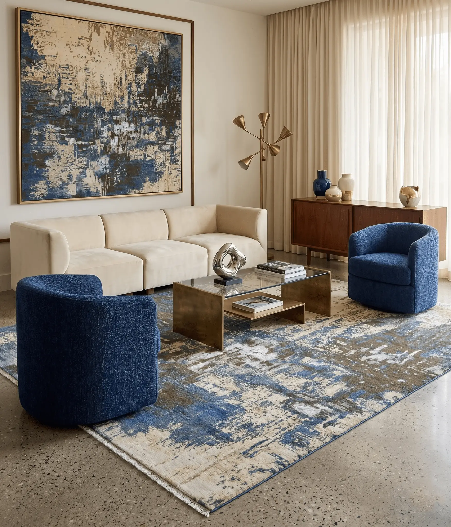 9x12 Fine Hand Knotted Beige and Blue Modern Abstract Wool and Silk Area Rug by The Rug Decor