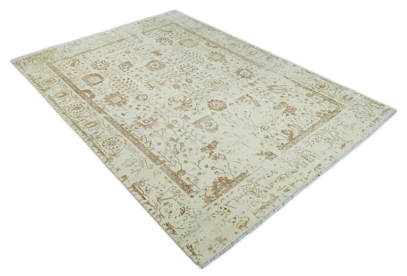9x12 Fine Hand Knotted Beige and Brown Traditional Vintage Style Wool and Silk Rug by The Rug Decor