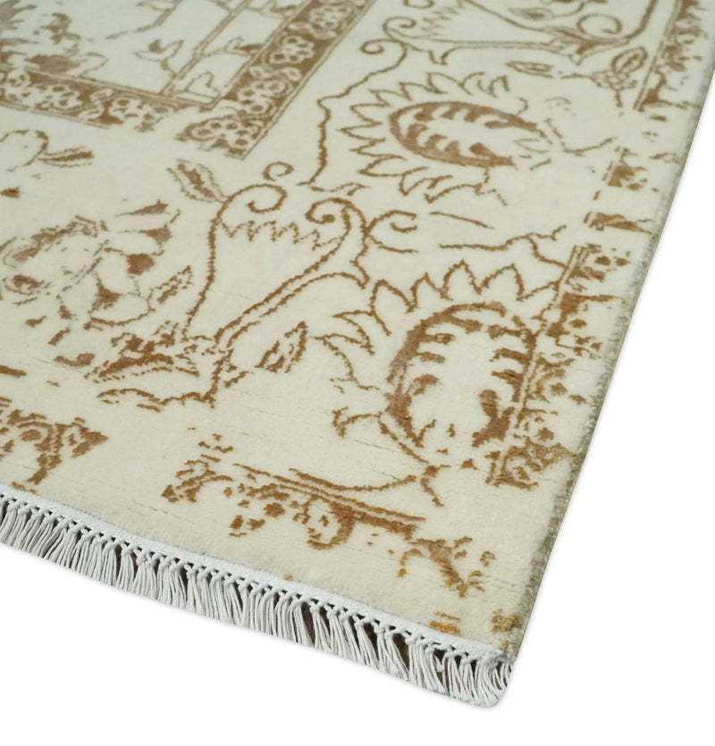 9x12 Fine Hand Knotted Beige and Brown Traditional Vintage Style Wool and Silk Rug by The Rug Decor