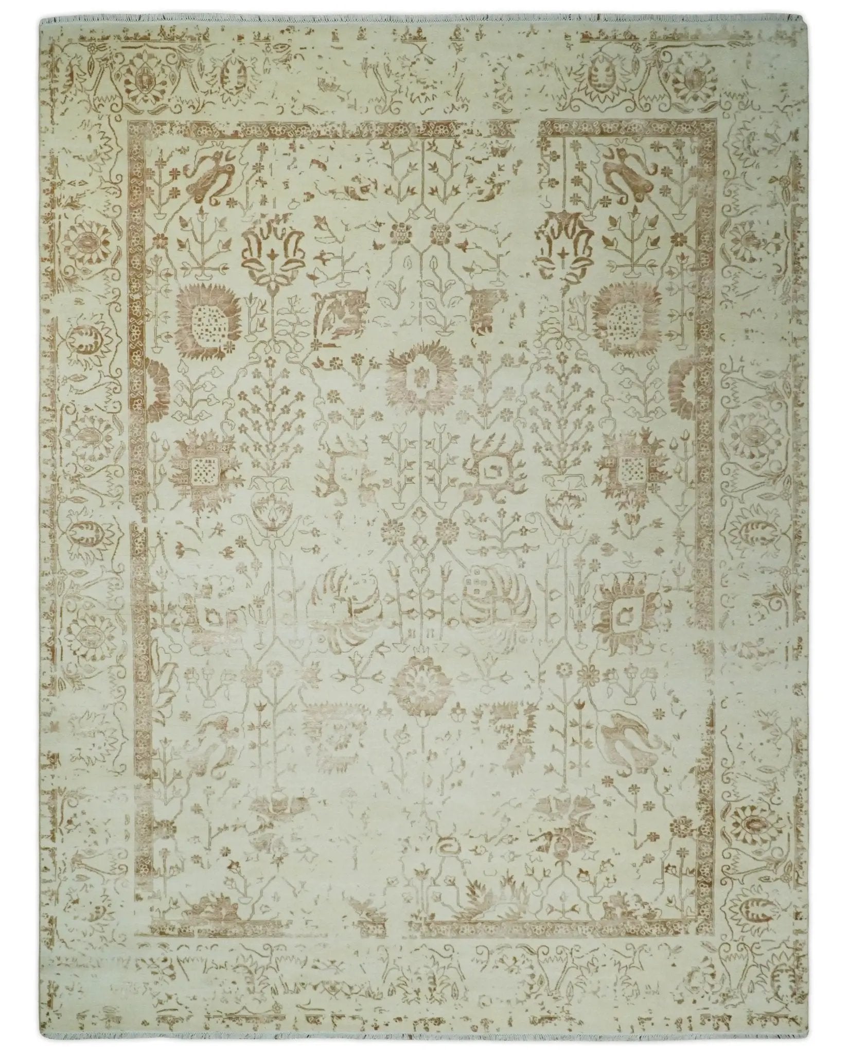 9x12 Fine Hand Knotted Beige and Brown Traditional Vintage Style Wool and Silk Rug by The Rug Decor