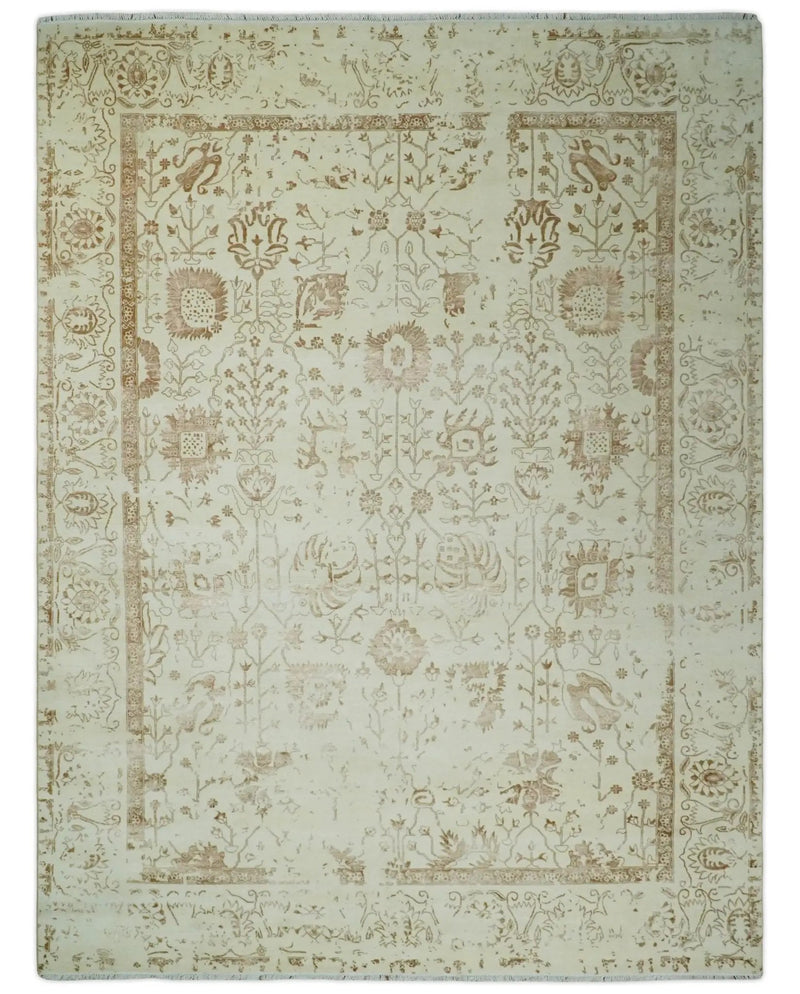 9x12 Fine Hand Knotted Beige and Brown Traditional Vintage Style Wool and Silk Rug by The Rug Decor