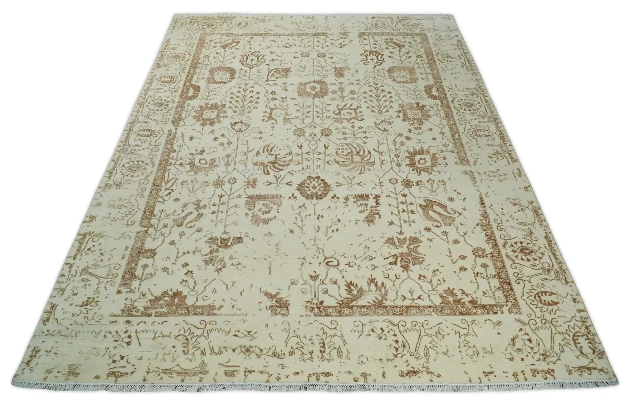 9x12 Fine Hand Knotted Beige and Brown Traditional Vintage Style Wool and Silk Rug by The Rug Decor