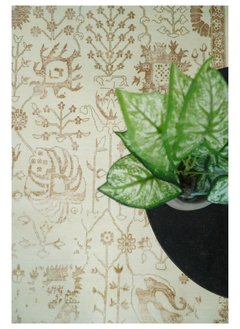 9x12 Fine Hand Knotted Beige and Brown Traditional Vintage Style Wool and Silk Rug by The Rug Decor