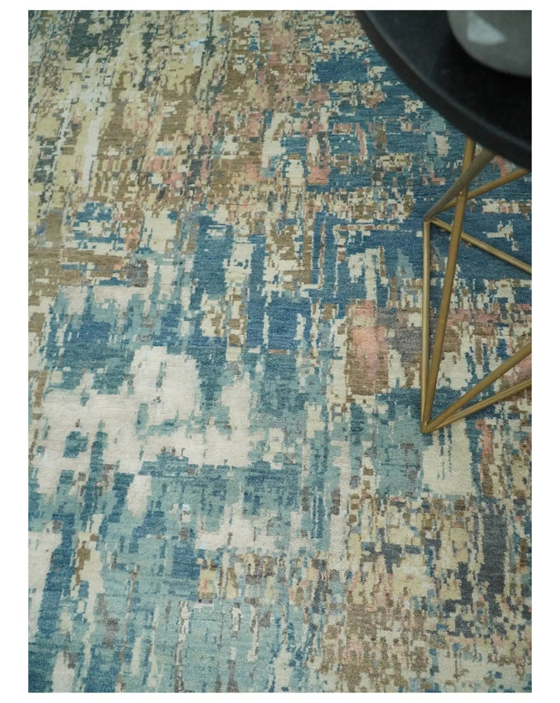 9x12 Fine Hand Knotted Brown Multicolor Modern Abstract Wool Area Rug by The Rug Decor