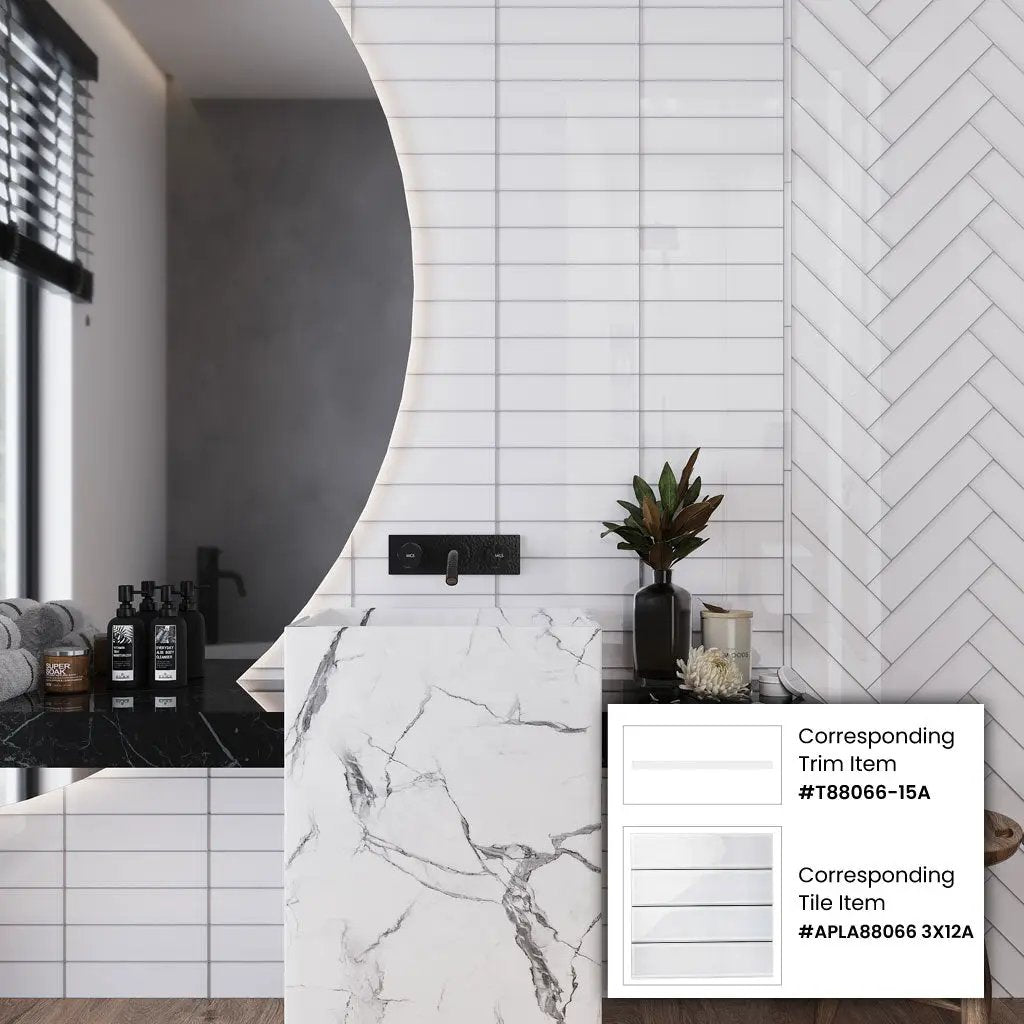 White 0.5x12 Glass Glossy Pencil Tile Trim (10 pack, 0.5 sq ft/case) by Apollo Tile