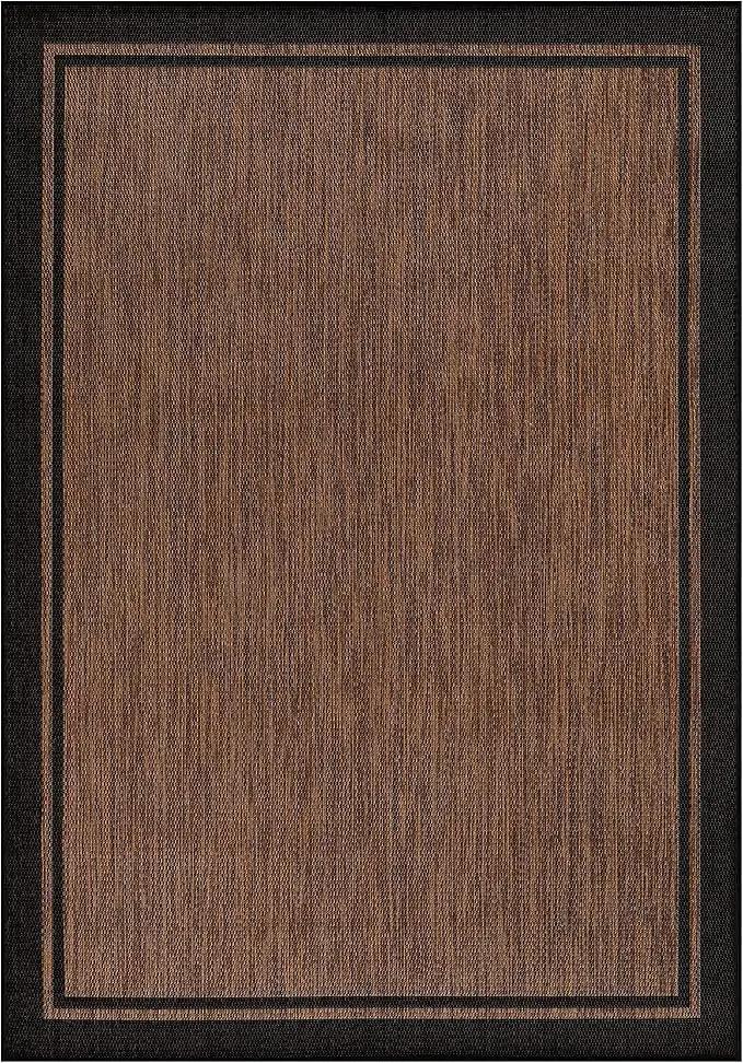 CAMILSON Indoor Outdoor Rug, 10x14 Bordered Nut Brown Black Modern Area Rugs for Indoor and Outdoor Patios, Kitchen and Hallway Mats, Washable Porch Deck Outside Carpet (Border Nut Brown Black 10 x14) by GreenHaven Gardens