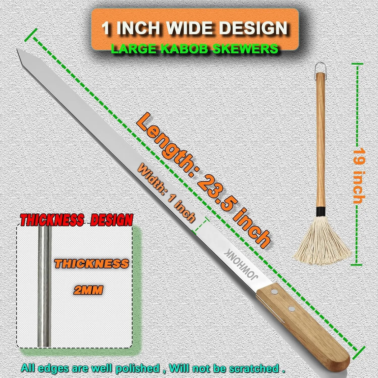 23.5" Long Skewers for Grilling,1 Inch Wide,304 Stainless Steel Skewer for Kabobs with Wood Handle,Heavy-Duty Metal Flat Barbecue Skewer Set Includes 4PCS BBQ Skewers,1PCS BBQ Mop Brush by GreenHaven Gardens