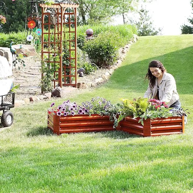 Sunnydaze 11.75" H Raised Metal Garden Bed - Galvanized Raised Garden Bed Outdoor for Vegetables and Flowers - Woodgrain - L-Shaped by GreenHaven Gardens
