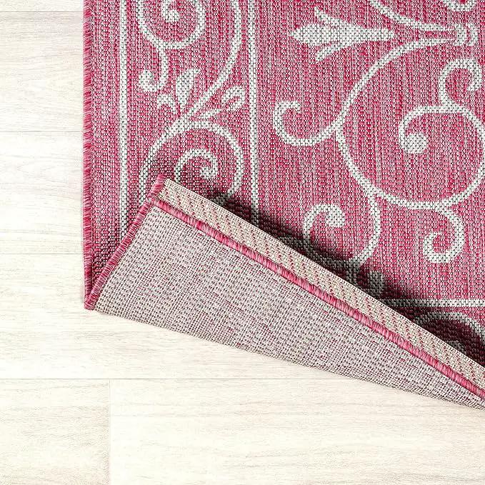 JONATHAN Y SMB106J-5R Charleston Vintage Filigree Textured Weave Indoor Outdoor Area Rug, Coastal, Bohemian, Classic Easy Clean,Bedroom,Kitchen,Backyard,Patio, Non-Shed, Fuchsia/Light Gray, 5' Round by GreenHaven Gardens