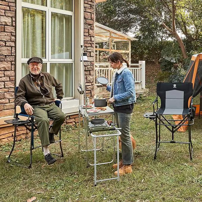 EVER ADVANCED Portable 30.7" Seat Height Tall Folding Camping Chair Directors Chair High Foldable Bar Stool with Side Table for Makeup Artist, Sports Event, Craft Show, Supports 350LBS Black Grey by GreenHaven Gardens