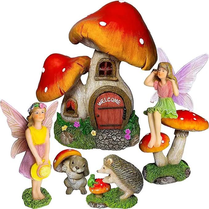 Mood Lab Fairy Garden - Mushroom House Set of 6 pcs - Miniature Figurines & Accessories Kit - for Outdoor or House Decor by GreenHaven Gardens