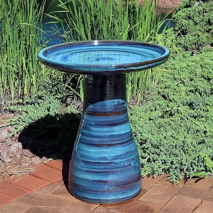 Sunnydaze 21" H Ceramic Bird Bath for Outside - Hand-Painted Outdoor Bird Bath Bowl, UV/Frost-Resistant Finish - Galaxy Blue - Classic Pedestal by GreenHaven Gardens