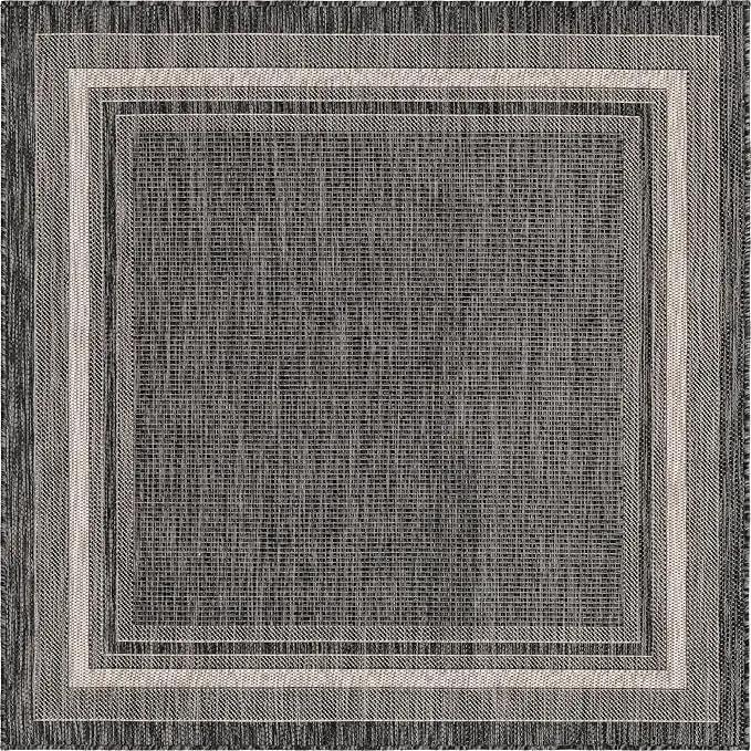 Unique Loom Outdoor Border Collection Area Rug - Soft Border (5' 1" Square, Black/ Ivory) by GreenHaven Gardens
