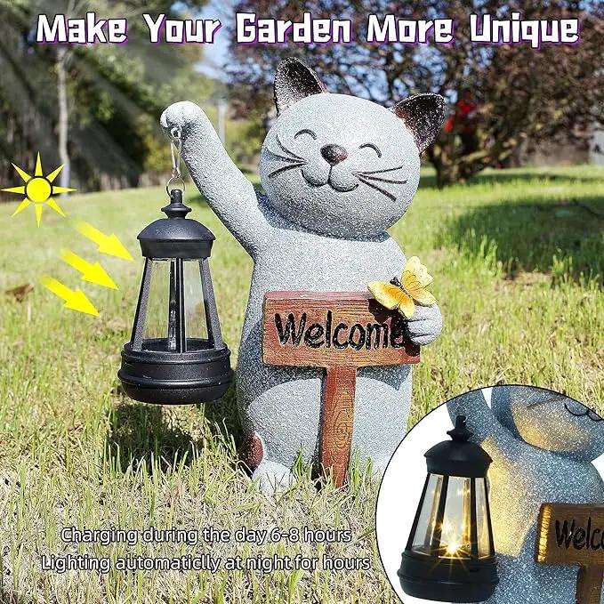Juegoal Garden Statue Solar Cat Figurine with Lantern, 10" Resin Kitten Outdoor Lawn Porch Yard Art, Lighted Christmas Birthday Gifts for Mom Grandma by GreenHaven Gardens