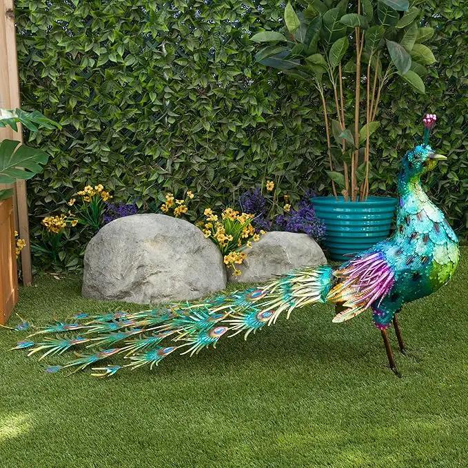 Alpine Corporation HEH378 Metal Jumbo Sized Majestic Peacock Decor, Elegant Garden & Patio Bird Statue, 33" H, Blue by GreenHaven Gardens