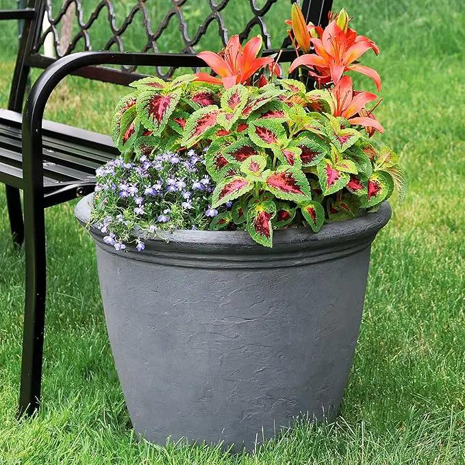 Sunnydaze 20-Inch Anjelica Large Plastic Pot for Plants - Outdoor Polyresin Round Planter with Drillable Drainage Holes - Slate by GreenHaven Gardens