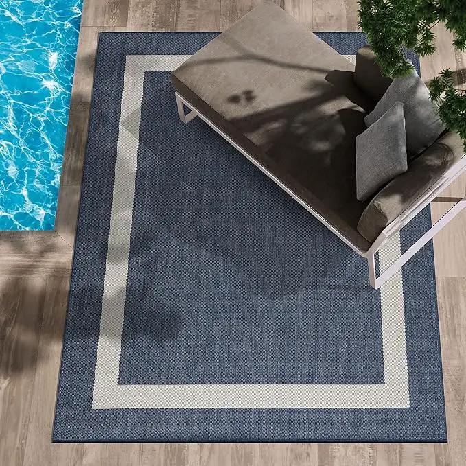 CAMILSON Outdoor Rug 9x12, Large Modern Outside Rugs for Patios Porches Waterproof Durable Washable Non-Shedding, Easy-to-Clean Indoor Outdoor Area Carpet (9 x 12, Bordered - Blue/White) by GreenHaven Gardens