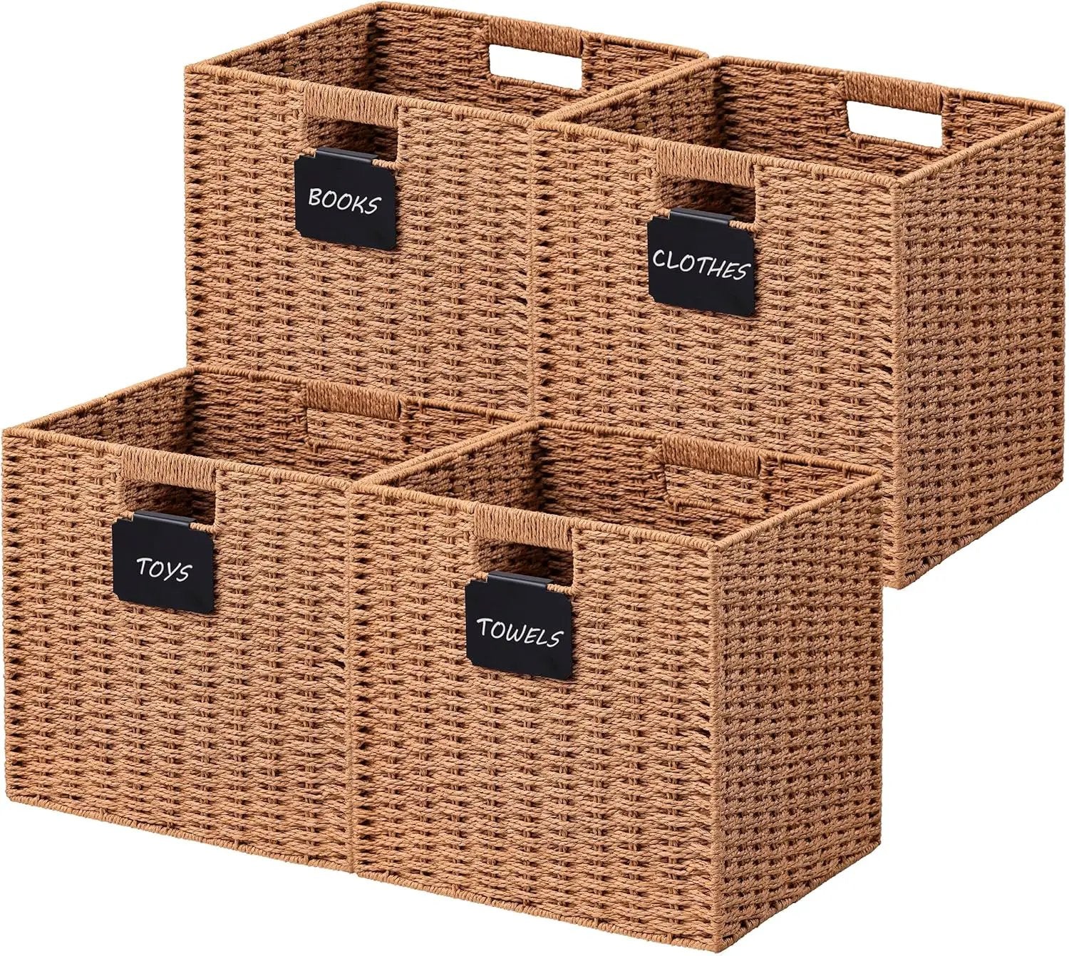 UBBCARE 4 Pack Wicker Basket, 10.5×10.5 Storage Cubes with Label, Foldable Cube Storage Bin with Handle, Square Storage Basket for Shelves, Woven Paper Rope Basket for Organizing, Caramel by GreenHaven Gardens