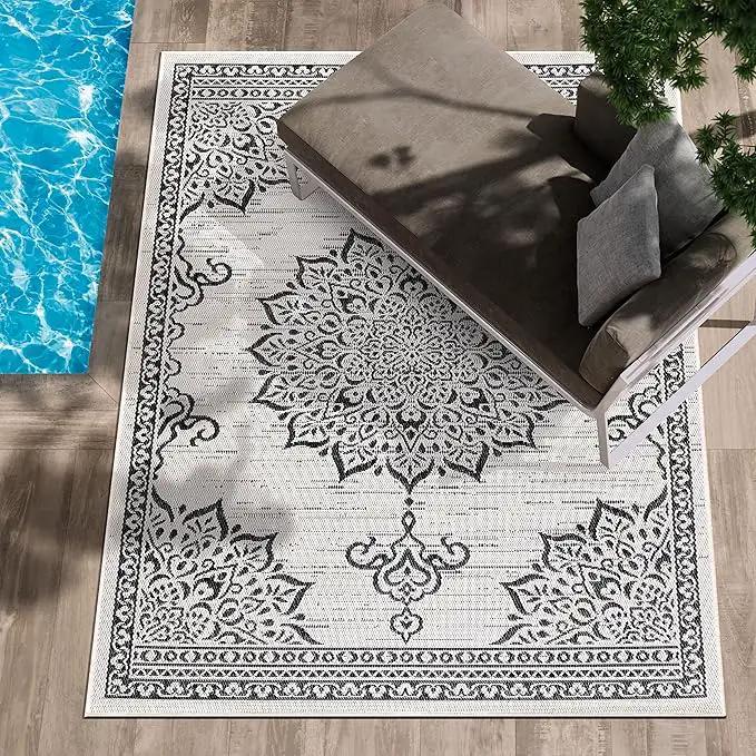 CAMILSON Outdoor Rug, 5x7 Medallion White Black Modern Area Rugs for Indoor and Outdoor Patios, Kitchen and Hallway Mats, Washable Porch Deck Outside Carpet (Medallion White, 5 x 7) by GreenHaven Gardens