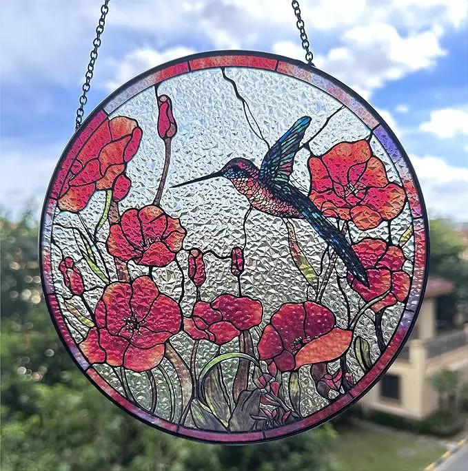 7.8'' Hummingbird Suncatcher Stained Glass Suncatchers - Originally Designed Hummingbird Red Poppies Ornament for Sun Catcher Indoor Window | Gifts for Hummingbird Lovers Painted Glass Panel Decor by GreenHaven Gardens
