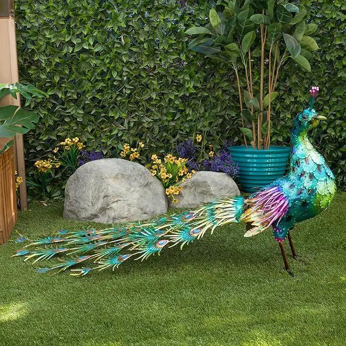 Alpine Corporation HEH378 Metal Jumbo Sized Majestic Peacock Decor, Elegant Garden & Patio Bird Statue, 33" H, Blue by GreenHaven Gardens