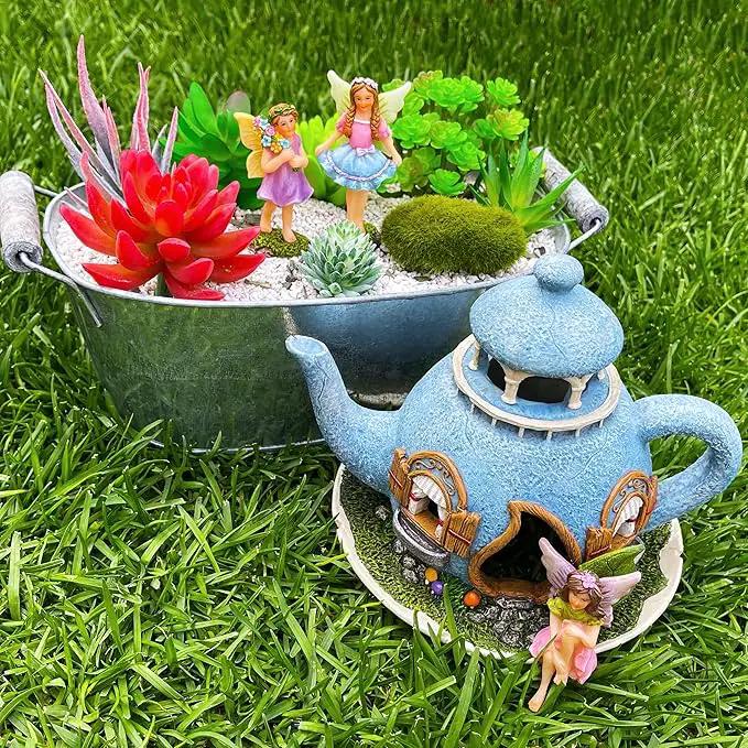 Mood Lab Fairy Garden Miniature Teapot House Kit - Figurines and Accessories Set of 4 pcs - 7.1 Inch Tall House by GreenHaven Gardens