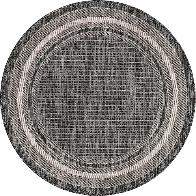 Unique Loom Outdoor Border Collection Area Rug - Soft Border (4' 1" Round, Black/ Ivory) by GreenHaven Gardens