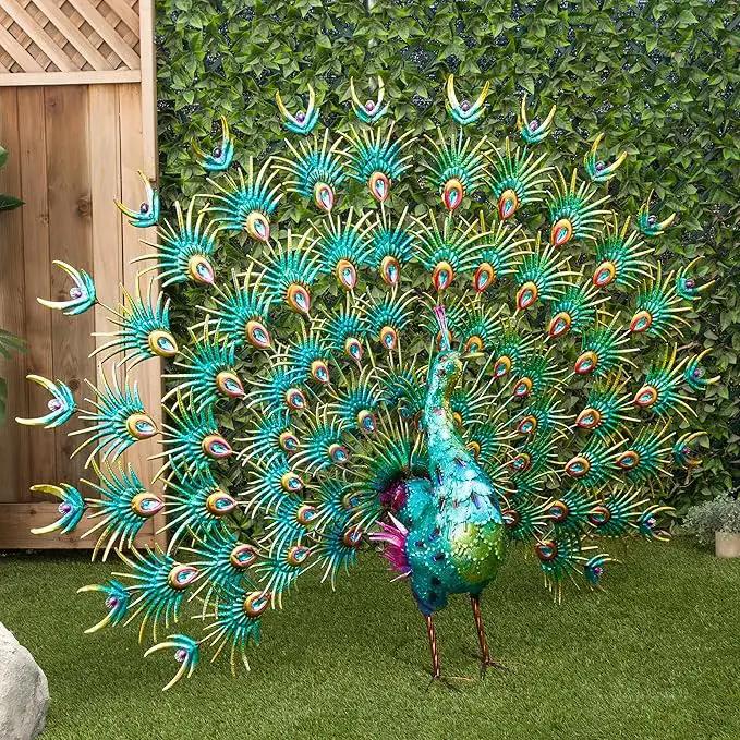 Alpine Corporation HEH376 Jumbo Sized Iron Majestic Peacock Decor, Elegant Garden & Patio Bird Statue, 55" H, Green by GreenHaven Gardens