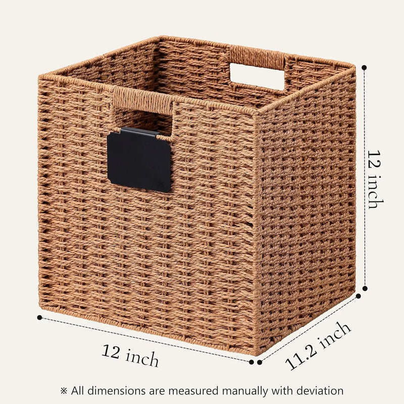 UBBCARE 4 Pack Wicker Basket, 12×12 Storage Cubes with Label, Foldable Cube Storage Bin with Handle, Square Storage Basket for Shelves, Woven Paper Rope Basket for Organizing, Caramel by GreenHaven Gardens