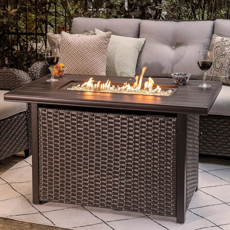 Nuu Garden 43 Inch Propane Fire Pit Table, CSA Certified 50,000 BTU Outdoor Patio Propane Fire Pit Table with 7 lbs Glass Stone and Removable Lid, Aluminum Tabletop, Water-Proof Oxford Cover, Brown by GreenHaven Gardens