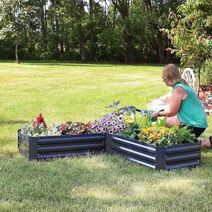 Sunnydaze 11.75" H Raised Metal Garden Bed - Galvanized Raised Garden Bed Outdoor for Vegetables and Flowers - Dark Gray - L-Shaped by GreenHaven Gardens