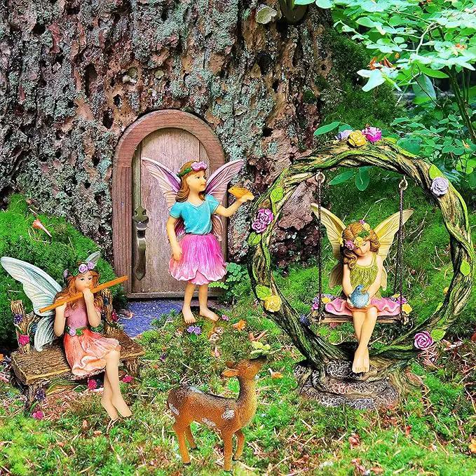 Mood Lab Fairy Garden Kit - Swing Set of 6 pcs Miniature Figurines & Accessories - Hand Painted for Outdoor or House Decor by GreenHaven Gardens