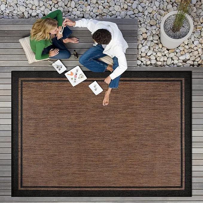 CAMILSON Indoor Outdoor Rug, 9x12 Bordered Nut Brown Black Modern Area Rugs for Indoor and Outdoor Patios, Kitchen and Hallway Mats, Washable Porch Deck Outside Carpet (Border Nut Brown Black, 9 x 12) by GreenHaven Gardens