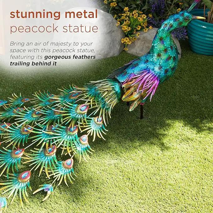 Alpine Corporation HEH378 Metal Jumbo Sized Majestic Peacock Decor, Elegant Garden & Patio Bird Statue, 33" H, Blue by GreenHaven Gardens