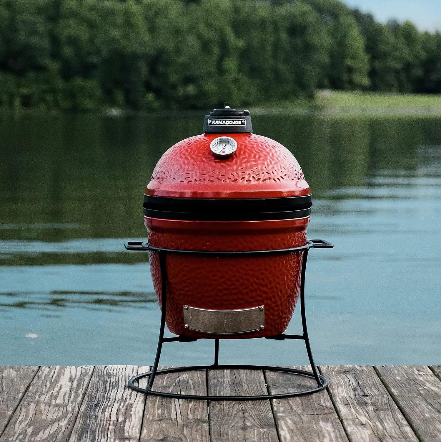 Kamado Joe KJ13RH Joe Jr. 13.5 inch Portable Charcoal Grill with Cast Iron Cart and Heat Deflectors, Blaze Red and Kamado Joe KJ15090620 Cast Iron Sear Plate by GreenHaven Gardens