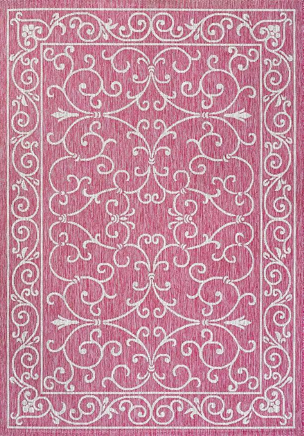 JONATHAN Y SMB106J-4 Charleston Vintage Filigree Textured Weave Indoor Outdoor Area Rug, Classic Traditional Easy-Cleaning,Bedroom,Kitchen,Backyard,Patio,Non Shedding, 4 X 6, Fuchsia/Light Gray by GreenHaven Gardens