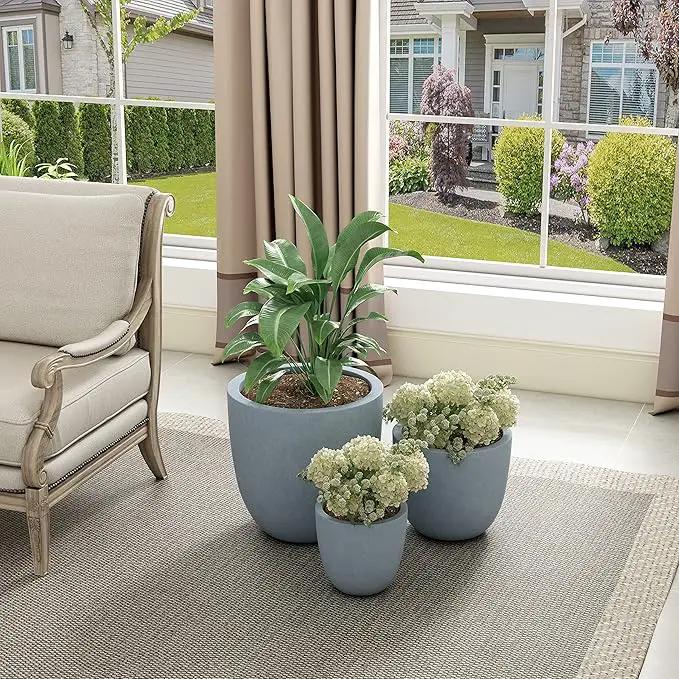Kante 18",14",10" Dia Concrete Round Planters (Set of 3), Outdoor Indoor Large Planter Pots with Drainage Hole and Rubber Plug for Home Patio Garden, Gray by GreenHaven Gardens
