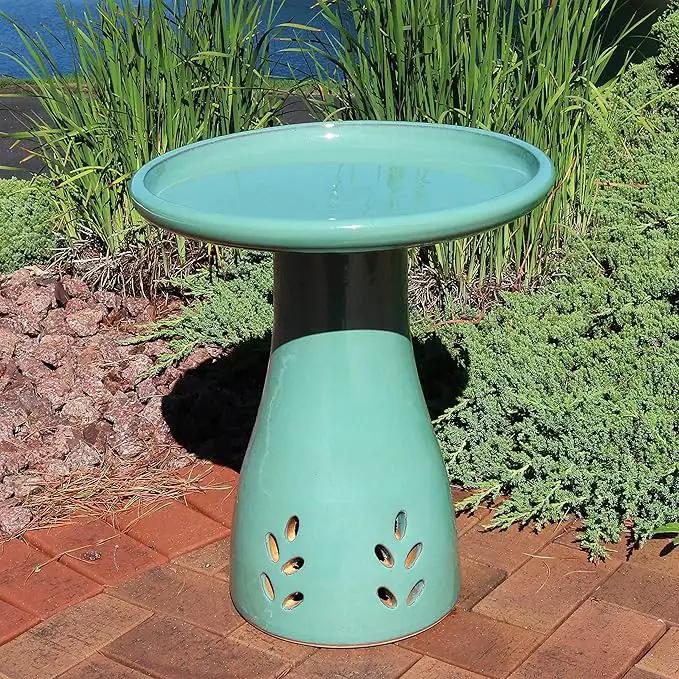 Sunnydaze 21" H Ceramic Bird Bath for Outside - Hand-Painted Outdoor Bird Bath Bowl, UV/Frost-Resistant Finish - Seafoam - Cut Out Pedestal by GreenHaven Gardens