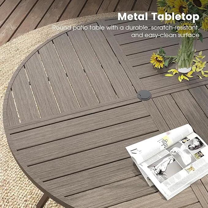 DIFY 40.6" Round Outdoor Patio Dining Table for 4, All-Weather Metal Steel Slatted Patio Table with 1.57" Adjustable Umbrella Hole, for Lawn Garden Porch Backyard, Grey Wood-Like by GreenHaven Gardens