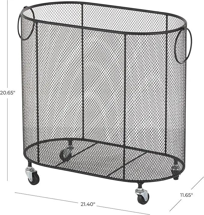 Deco 79 Metal Storage Cart Oval Mesh Wire Rolling Laundry with Ring Handles, 21" x 12" x 21", Black by GreenHaven Gardens