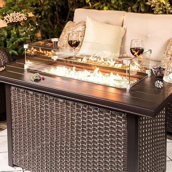 Nuu Garden Outdoor 43 Inch 50,000 BTU Propane Fire Pit Table, CSA Certified Patio Propane Fire Pit with Wind Guard, Lid, Oxford Cover, 7 lbs Glass Stone, Dark Brown by GreenHaven Gardens